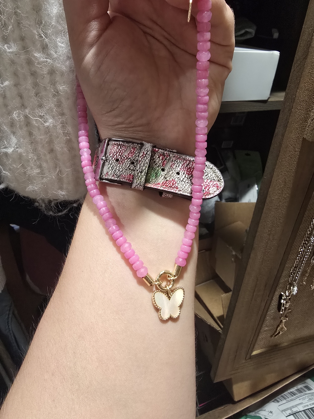 Park Lane Pink Beaded Necklace with Gold Butterfly Charm